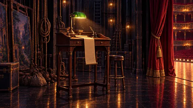 Cutscene still: a desk in the wings with a long bill.