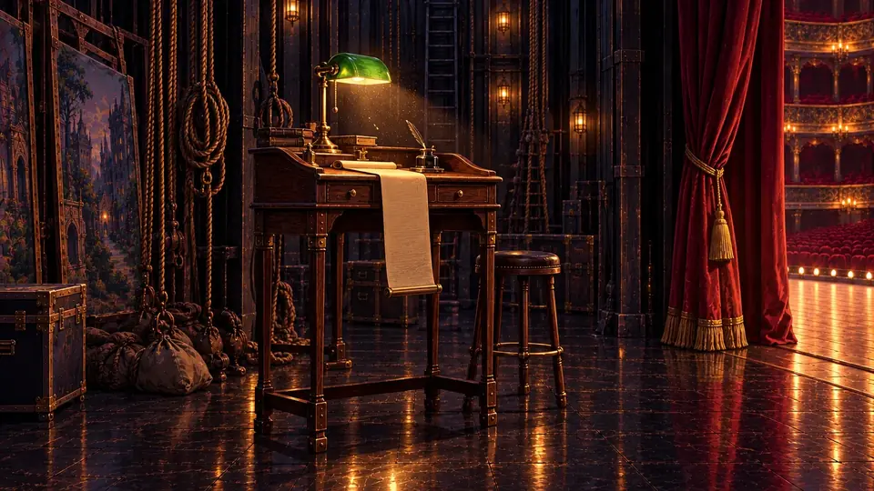 A stage manager's desk in the wings, a green lamp lighting a long unrolled bill.