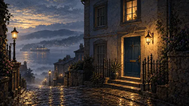 A lamplit cobbled street above a misty harbour at dusk.