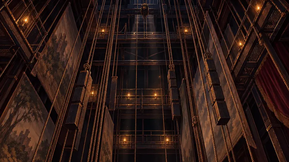The fly tower from below, painted flats hanging among ropes and lamps.