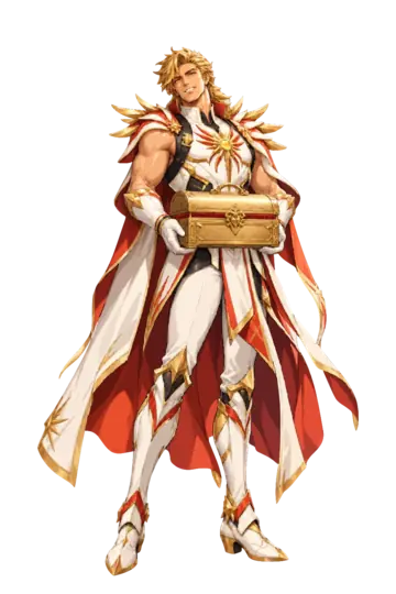 Daybreak, a blond hero in ivory, coral and gold, carrying a golden case.