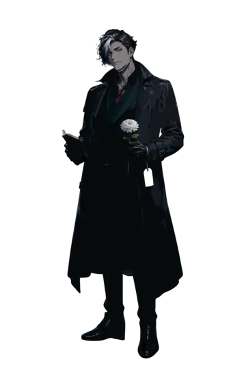 Ivo Rook, a grey-skinned undead detective in a black trench coat, holding a white flower.