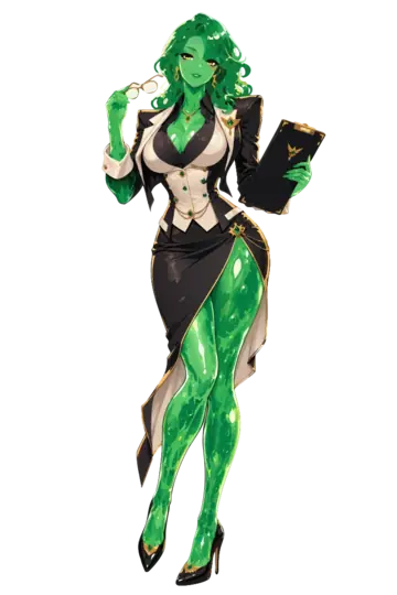 Mirabel Voss, an emerald slime executive in black and ivory tailoring, holding a clipboard.