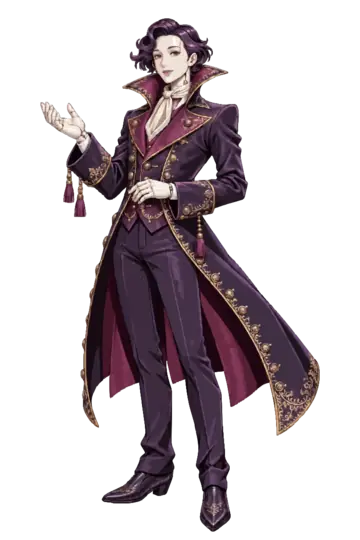 Tippet, a pale smiling man in a plum frock coat with porcelain doll-jointed hands.