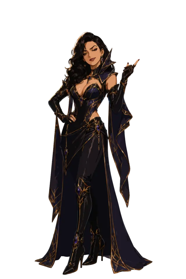 Vivienne, in purple and black couture with gold detail, one hand on her hip and an unimpressed smile.