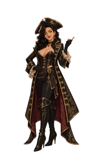Vivienne as a pirate captain in a long coat and tricorn.