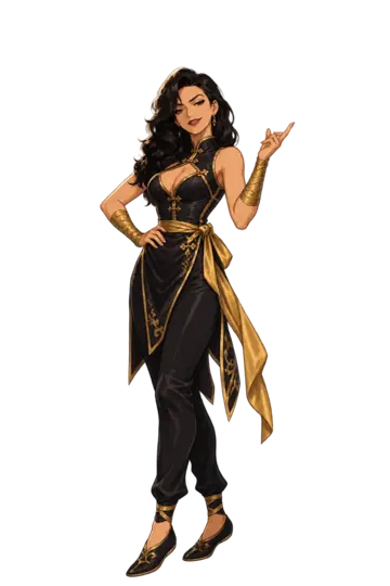 Vivienne in a black and gold martial arts outfit.