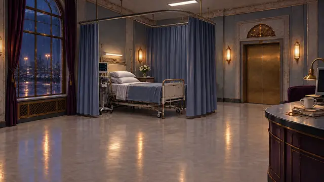 A night hospital ward with curtained beds and city lights in the window.