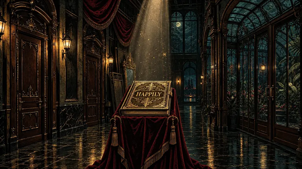 Cutscene still: a golden book on a velvet stand in an empty hall.