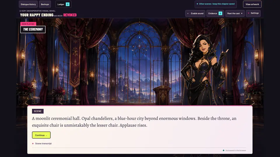 The game's ceremony scene: Vivienne stands before tall moonlit windows while the narrator's line sits in a reading panel below.