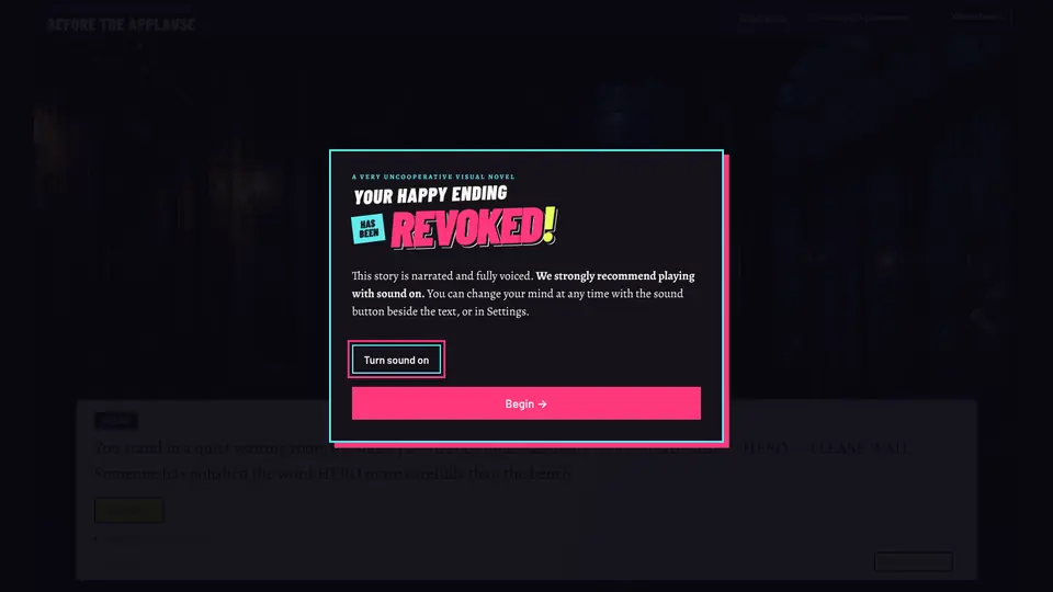 The game's title card over the waiting room, offering to turn sound on before you begin.